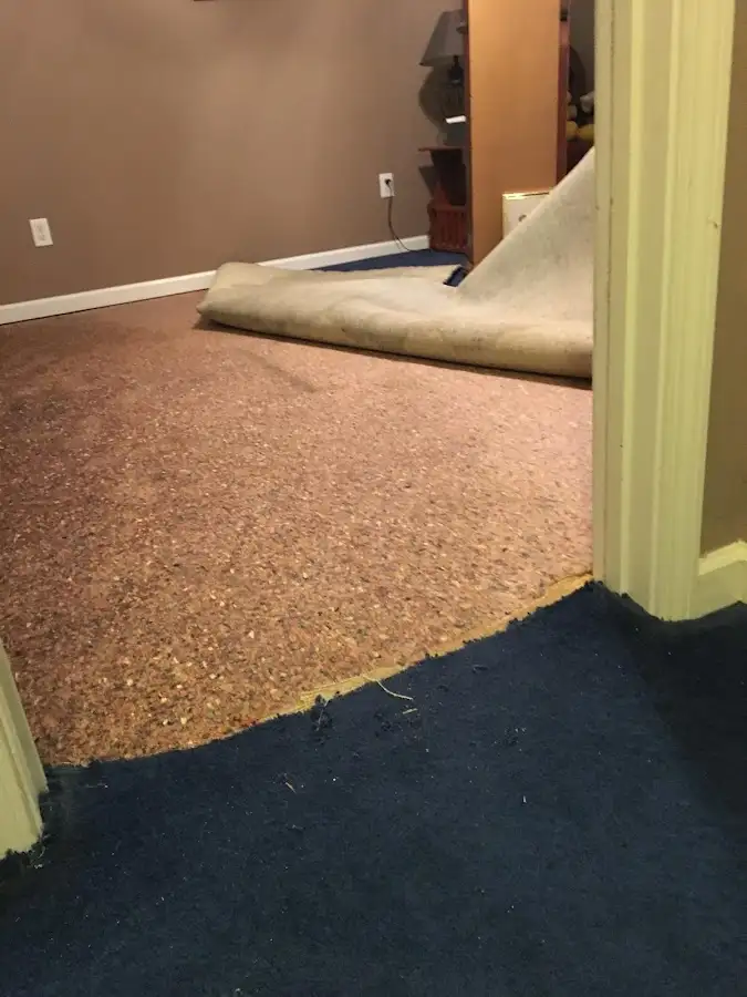 Carpet pad removal revealing water damage during Drying & Dehumidification in Loomis